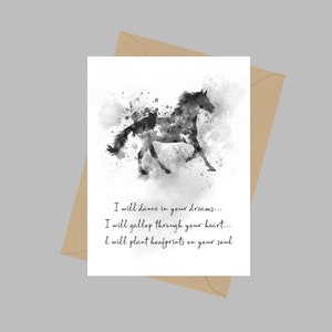 I will Dance in your Dreams Ik ga door je hart galopperen, citaat paard, A5-wenskaart, inspirerend, cadeau, zwart-wit