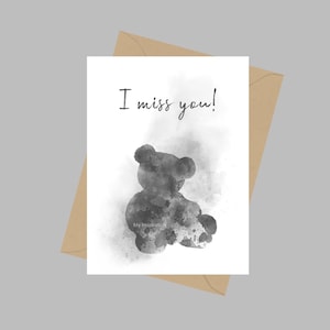 Teddy Bear I Miss You Quote, Carte de vœux A5, Ami, Bien-aimé, Penser à vous, Cadeau, Noir et blanc