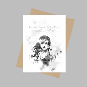 Citaat Les Miserables Victor Hugo, A5-wenskaart, zelfs de donkerste nacht komt voorbij en de zon komt op Cadeau-inspirerend zwart-wit