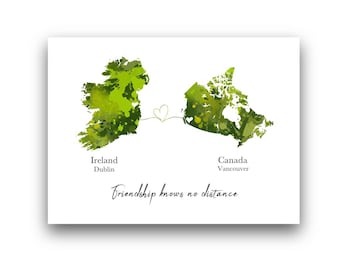 Personalised Two Country Map ART PRINT Long Distance Gift, Travel, Adventure, Any Country, 8 Colours Available, Custom Gift Idea
