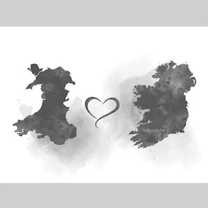 Wales Irland Verbindungskarte zwei Länder KUNSTDRUCK Reisen, Urlaub, Geschenk, Wandkunst, Freunde, Paare, schwarz und weiß