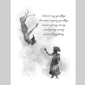 Peter Pan Quote ART PRINT Zeg nooit vaarwel, Wendy, inspirerend, kinderkamer, cadeau, kunst aan de muur, interieur, slaapkamer, zwart-wit
