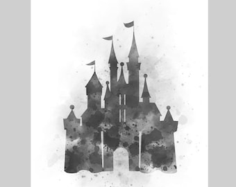 Cinderella Castle ART PRINT Nursery, Princess, Gift, Wall Art, Home Decor, Black and White