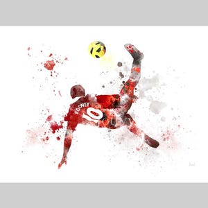 May include: A watercolor painting of a soccer player in a red and white jersey with the name "Rooney" and the number "10" on the back. The player is kicking a yellow soccer ball in mid-air.