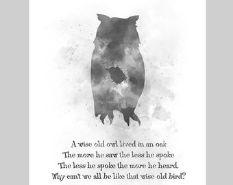 A Wise Old Owl ART PRINT Inspirational, Quote, Nursery, Poem, Gift, Wall Art, Home Decor, Black and White