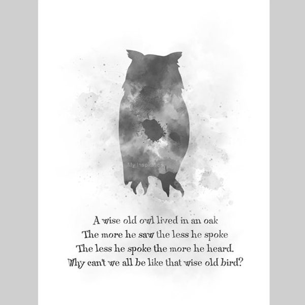 A Wise Old Owl ART PRINT Inspirational, Quote, Nursery, Poem, Gift, Wall Art, Home Decor, Black and White