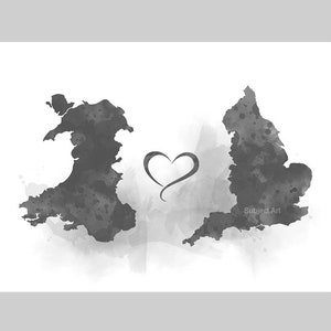 Wales to England Connecting Map Two Countries ART PRINT Travel, Holiday, Gift, Wall Art, Friends, Couples, Black and White