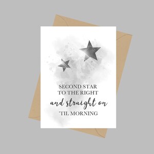Peter Pan Quote, A5 Wenskaart, Tweede ster rechts en rechtdoor op 'til morning, Inspirational, Gift, Black and White