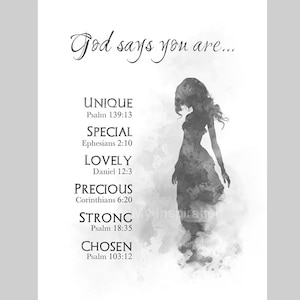 God Says You Are ART PRINT Inspirational Bible Verses, Gift Idea, Black & White