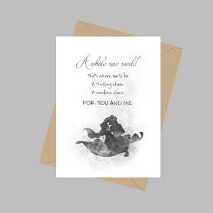 Aladdin Quote, A5 Wenskaart, Een hele nieuwe wereld, Prinses, Cadeau, Zwart-Wit