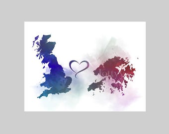 Britain to Hong Kong Connecting Map Two Countries ART PRINT Travel, Holiday, Gift, Wall Art, Home Decor, Bedroom, Office, Friends, Couples
