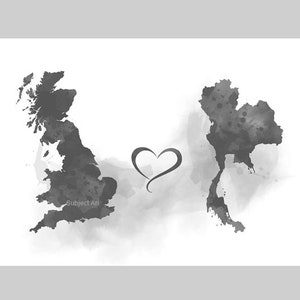 Großbritannien mit Thailand Verbindungs Karte Zwei Länder KUNSTDRUCK Reisen, Urlaub, Geschenk, Wandkunst, Freunde, Paare, schwarz und weiß