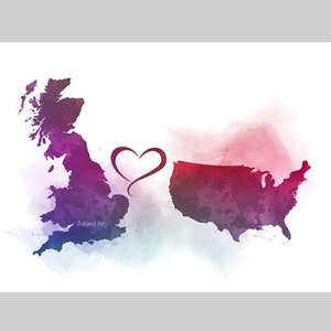 Großbritannien USA Verbindungs Karte Zwei Länder KUNSTDRUCK Reisen, Urlaub, Geschenk, Wandkunst, Freunde, Paare