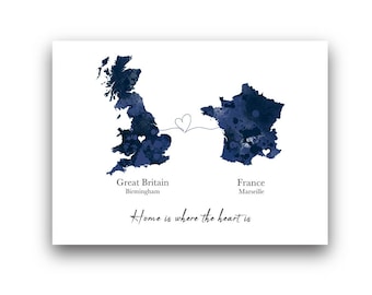 Personalised Two Country Map ART PRINT Long Distance Gift, Travel, Adventure, Any Country, 8 Colours Available, Custom Gift Idea