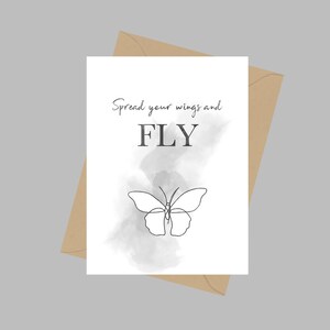 Spreid je vleugels en vlieg quote, A5 wenskaart, vlinder, inspirerend, motiverend, positief, vertrekkaart, zwart-wit