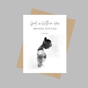 God is in haar, ze zal niet vallen, A5 wenskaart, Psalm 46:5, inspirerend, motiverend, citaat, bijbelvers, cadeau-idee, B & W