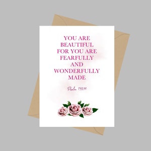 Eres hermosa porque estás hecha temerosa y maravillosamente, tarjeta de felicitación A5, Salmo 139, inspirador, positivo, versículo bíblico, idea de regalo
