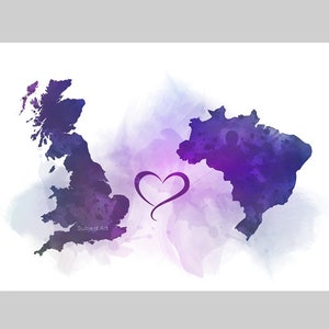Großbritannien Brasilien Verbindungskarte Zwei Länder KUNSTDRUCK Reisen, Urlaub, Geschenk, Wandkunst, Freunde, Paare