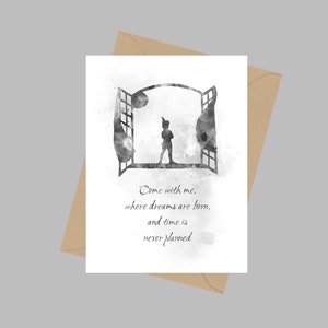 Peter Pan Quote, A5 wenskaart, raam, inspirerend, cadeau, zwart en wit