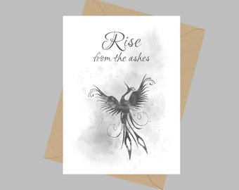 Phoenix Vogel Zitat, A5 Grußkarte, Rise from the Ashes, Mythologie, Inspiration, Geschenk, schwarz und weiß