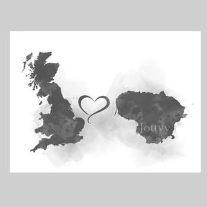 Großbritannien und Litauen Verbindungskarte Zwei Länder KUNSTDRUCK Reisen, Urlaub, Geschenk, Wandkunst, Wohnkultur, Freunde, Paare, schwarz und weiß