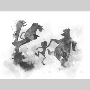 The Jungle Book ART PRINT Mowgli, Baloo, Bagheera, Nursery, Gift, Wall Art, Home Decor, Black and White