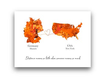 Personalised Two Country Map ART PRINT Long Distance Gift, Travel, Adventure, Any Country, 8 Colours Available, Custom Gift Idea