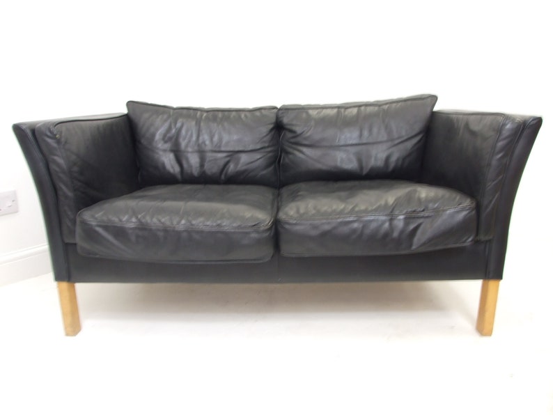 Mid Century Danish Design Sofa Two Seater Black Leather Vintage