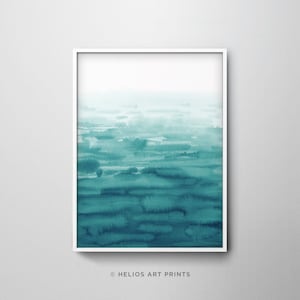 Contemporary impressionist lake watercolour art print in teal blue. Turquoise water surface printable downloadable modern wall art