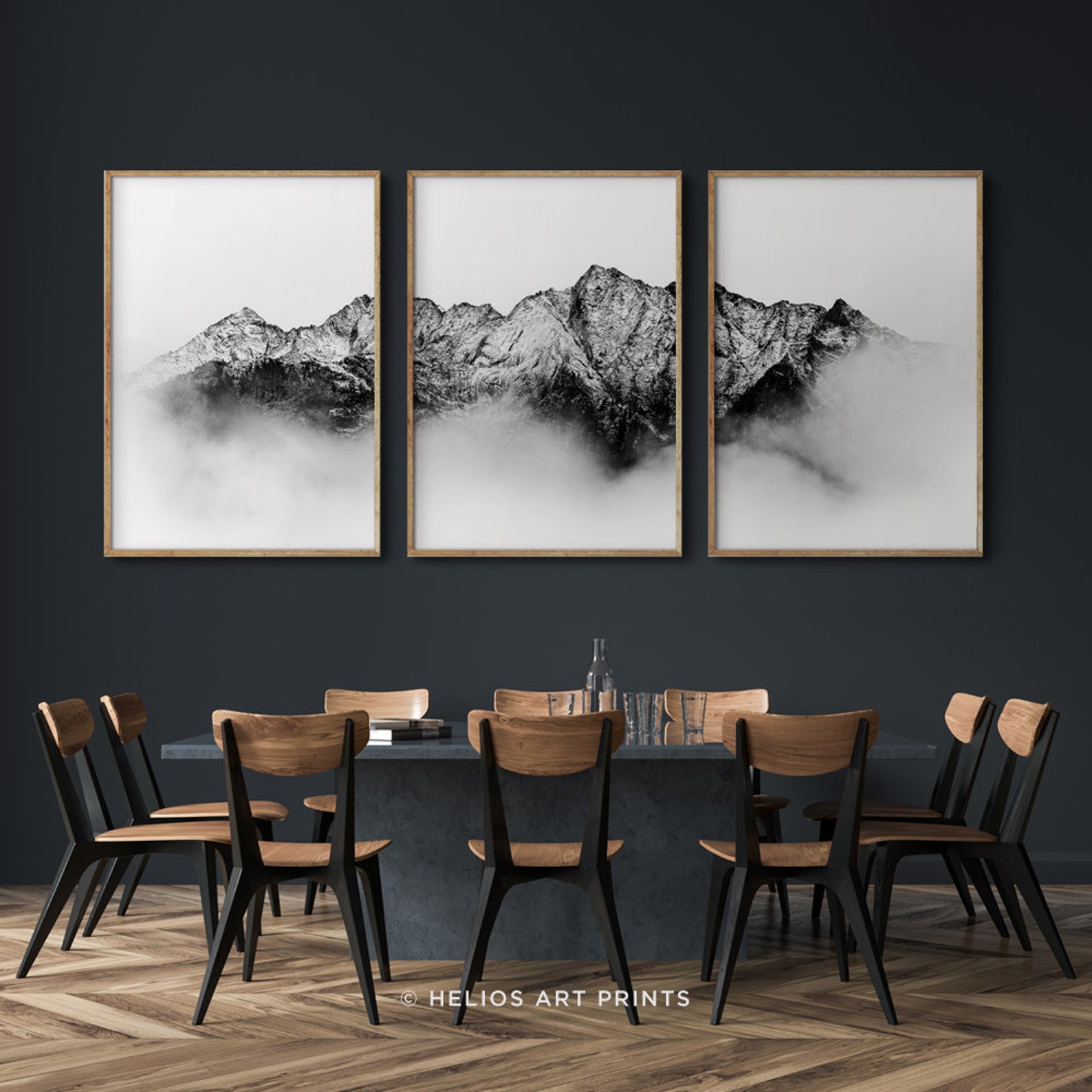 Set of Three Black and White Cloud Covered Mountain Range Wall - Etsy ...