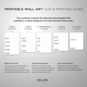 May include: Printable wall art size and printing guide.  The guide shows different file sizes available for printing in 5 ratios: 2x3, 3x4, international, 4x5, and 11x14.  The guide also includes information about printing, downloads, and file sharing.