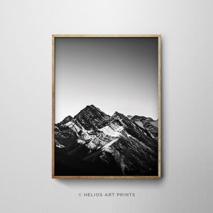 Black and white snowy mountain landscape, snow capped mountain range printable downloadable modern minimalist wall art