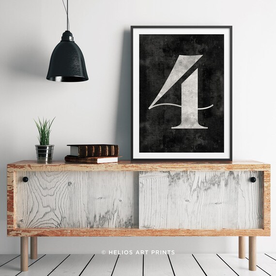 Elegant Number Four Print. Distressed 4 Classic Typeface Numeral