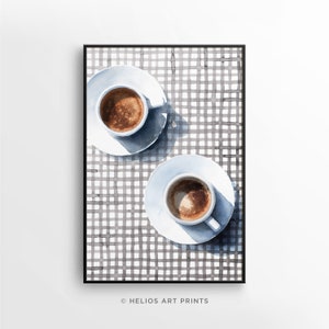 Coffee Cups on Checked Tablecloth, Downloadable Printable Watercolor Art, Coffee Culture Watercolour Poster, Cafe Society, Java Lover Gift