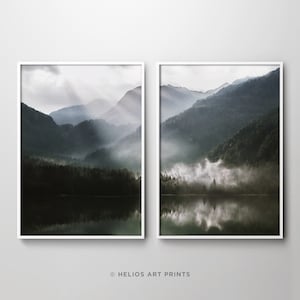 Set of two forested mountain with lake reflection modern art prints. Set of 2 mountain forest lake wall art, alpine forest art prints