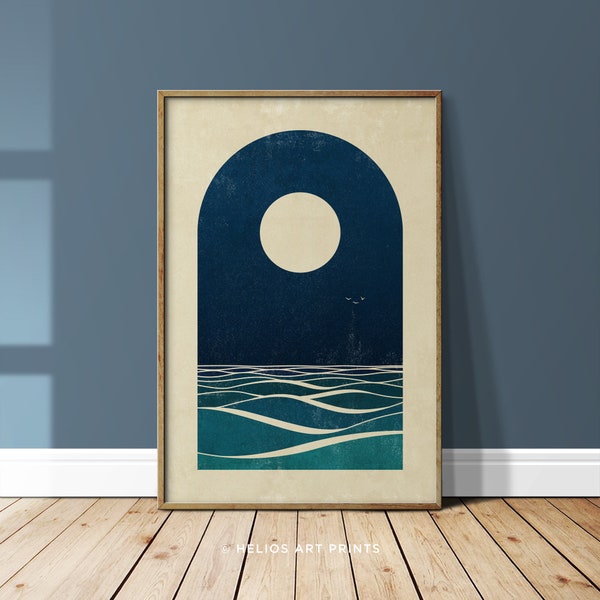 Full Moon BoHo Ocean Printable | Abstract Midcentury Wall Art, Lunar Coastal Art, Midnight Blue Beach House Downloadable Art Printable