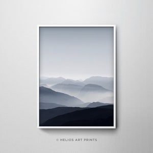 Misty rolling hilltop landscape modern wall art in purples and blacks. Atmospheric hazy landscape downloadable, printable wall art