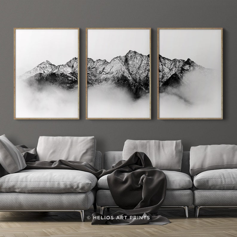 Set of Three Black and White Cloud Covered Mountain Range Wall - Etsy ...