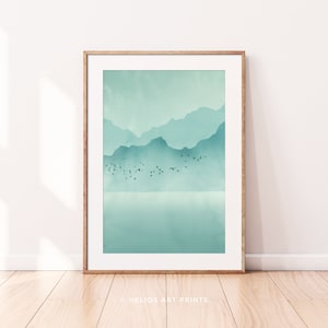 Rugged Coastal Watercolor with Sea Birds in Pale Blue Greens. Mid Century Rocky Coastline Printable Wall Art Watercolour in Pastel Greens