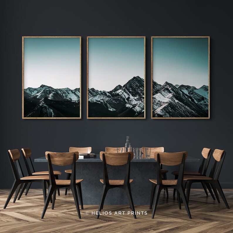 Set of three mountain range wall art prints. Set of 3 teal Etsy
