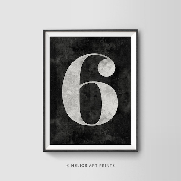 Distressed 6 Classic Typeface Numeral Character Scandinavian Wall Art. Elegant Number Six Print. Nordic Urban Numeric Minimalist Decor