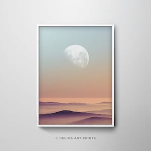 Tageslicht Mond Wandkunst. Rost und blau herunterladbare druckbare Kunst. Lunar Kunstdruck. Mondaufgang Sonnenuntergang. Tag Mond Poster Kunst