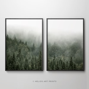 Set of 2 misty green forest landscape contemporary wall art. Set of two foggy deep green mountain forest printable wall art