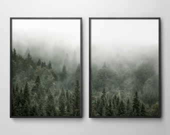 May include: Two framed prints of a misty forest scene. The prints are in black frames and show a lush green forest with fog rolling through the trees.