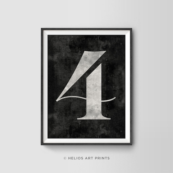 Elegant Number Four Print. Distressed 4 Classic Typeface Numeral