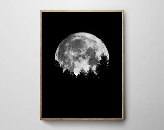 May include: A black and white photograph of a full moon rising over a dark forest silhouette.