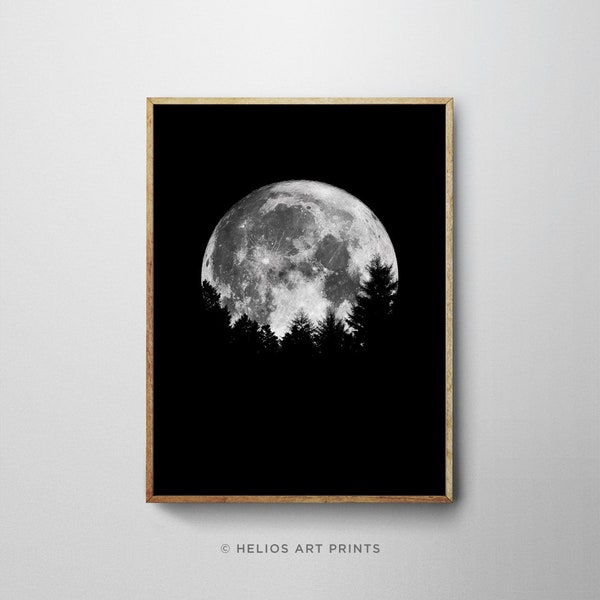 Black and white full moon rising over forest tress modern wall art. Monochrome contemporary lunar downloadable printable wall art