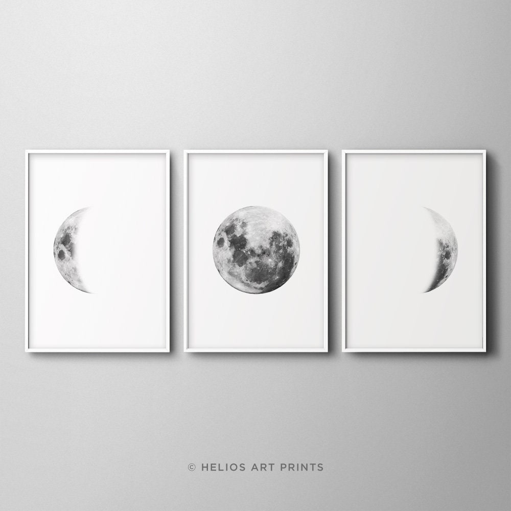 Set of Three Black and White Lunar Phases Prints. Set of 3 Moon Phase ...