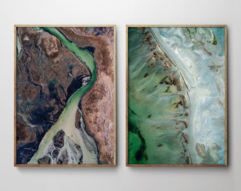 Set of two abstract aerial photography art prints, Set of 2 aerial photograph abstract wall art, 2 piece aerial river mouth art prints