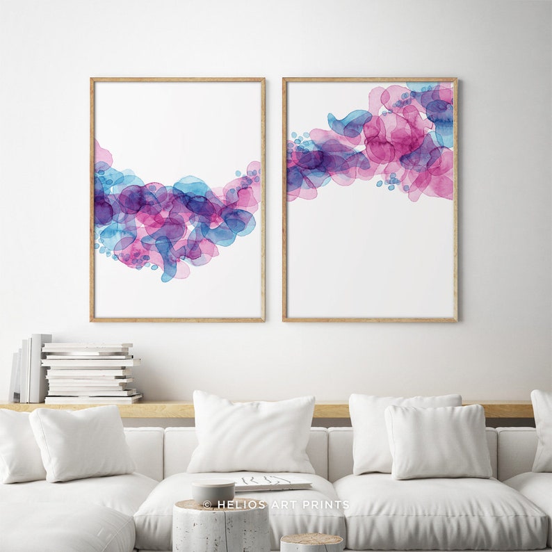 Set of 2 Blush Pink and Blue Abstract Watercolour Modern Art Etsy